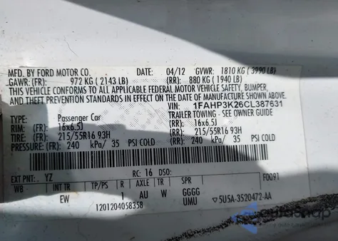 2012 Ford Focus Se from USA, damaged, VIN 1FAHP3K26CL387631